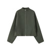 Olive Green Women's Short Coat High Neck Full Sleeve Zipper Up Oversized Cropped Jacket Autumn Female Daily Casual Outwear