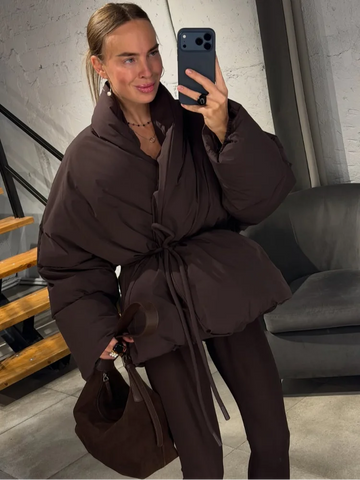 Solid Color Long Sleeve Belted Wrap Front Loose Oversized Cotton Winter Casual Streetwear Women Thick Outerwear