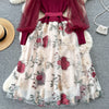 Senior Knitted Patchwork Dress Long Lantern Sleeves Bow Mesh Embroidery Floral Women Autumn France Elegant Party Dress