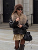 Ladies Winter Retro Fur Collar Leather Jacket V‑Neck Full Lapel Long Sleeve Double Breasted Urban Warm Casual Outer