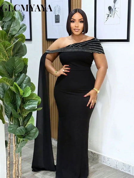 Street Women Diamonds Rhinestones Skew Collar Bodycon Maxi Long Dress Fall Vacation Evening Party Dresses Vestidos
