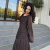 Women's Draped Design Solid Long Dress Casual Commute Waist Party Dresses Elegant O-neck Long Sleeve Evening Dress