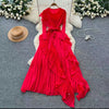 Women's French-Style Dress for Autumn - Ruffled, Pleated, Ruched, Asymmetrical with Tie Waist, Elegant Design