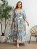 Plus Size Women's Blue-Brown Ethnic Paisley Print V-Neck Half Sleeve Tie Waist Dress
