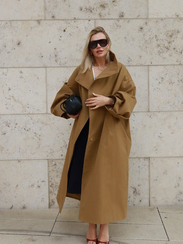 Solid Stand Collar Full Sleeve Oversized Windbreaker Women Single Breasted Lace Up Long Trench Coat Lady Autumn Casual Jacket