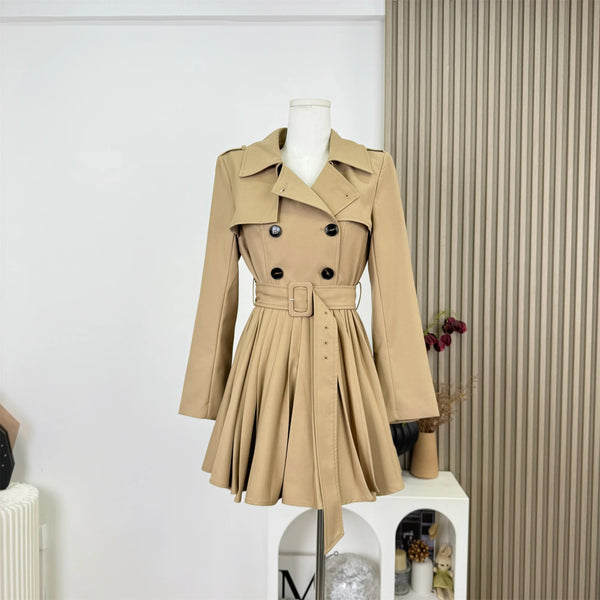Autumn Winter Women's Windbreaker Dress Mini Skirt Long Sleeve Empire Waistline Outerwear Female Long Coat N967