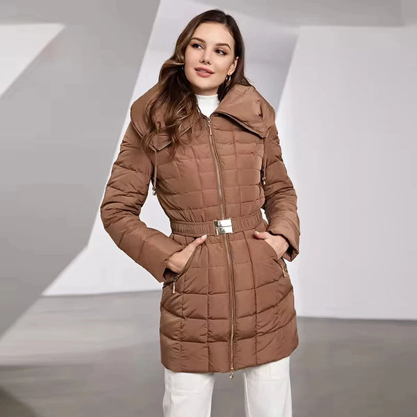 Women's Winter Jacket Hooded Belt Long Parkas Warm Padding Puffer Plaid Quilted Coat Down Jacket Thick Snow Wear