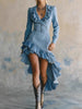 Elegant Ruffled Waist Pleat Long Dress Women's Irregular Solid Slim Party Dress Sexy V-neck Long Sleeve Wash Denim Dress