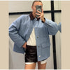 Casual Blue Multiple Patch Pocket Jacket Women Chic Corduroy Collar Single Breasted Short Coat Lady Daily Spring Wear