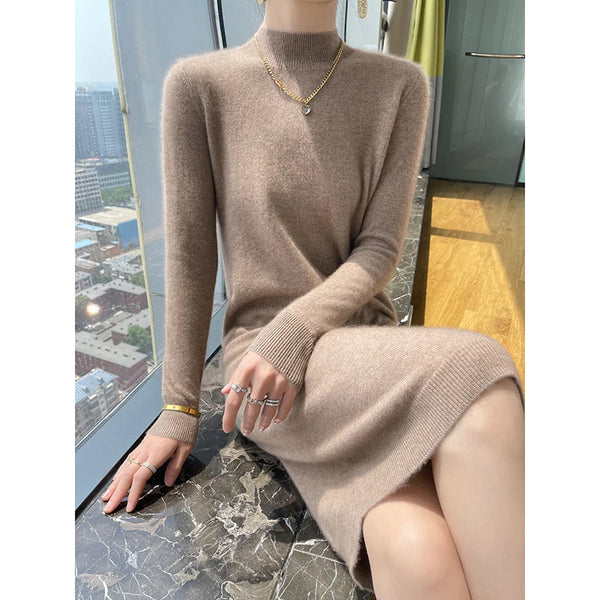 Autumn And Winter 100% Pure Wool Ladies Long Sweater Skirt Semi-High Collar Cashmere Dress Large Knit Bottoming Skirt