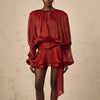 French Style Bubble Sleeve Mini Dress Woman Ruffle Solid Bright Satin Party Dress Spring Tie-up O Neck Pleated Dress