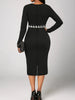 Plus Size Women Elegant Dress Thousand-Bird Lattice Color Contrast Printed Long-Sleeved OL Commuter Wind Bag Hip Elastic Dress