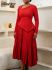 Patchwork Pleated A-Line Mid Dress for Women Long Sleeve Diagonal Collar Office Dresses Female Vacation African Robe