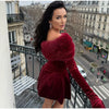 Fur Paneled Off-Shoulder Rhinestone Mini Dress Burgundy Velvet Pleated Evening Elegant Women Dresses Party Chic Lady Gown