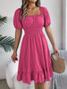 Solid Puff Sleeve Square Neck Ruched Bust Ruffle Hem Wasit Dress, Women's Clothing