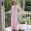 Elegant Pink Irregular Pleated Maxi Dress Women O-Neck Long Sleeve Ruched Slim Long Dress Wedding Guest Evening Party Robes