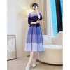 Women's Pleated Palace Style Dress Early Spring A-Line Skirt French Tea Break Waist Gradient Color Bud