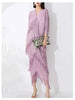 High End Pleated Maxi Dress Women V Neck Batwing Sleeves Stitching Color Tassel Elegant Dresses Ladies Clothes 2DA1641