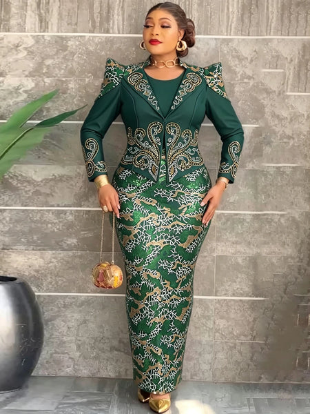 Wedding Party Dresses For Women Long Sleeve Coat And Sequin Vest Dress Turkey African Clothing 2 Piece Set Dashiki Outfit
