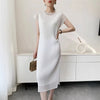 White Textured Pleated Women's Dress Raglan Sleeve Round Neck Side Slit Casual Formal Sheer Dresses Spring
