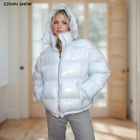 Winter Women Bright Light Blue Zipper Up Bread Parka Coat Woman Stand Collar Removable Hooded Long Sleeve Outerwear