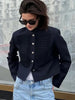 Retro Denim Military Jacket Women Solid Vintage Stand Collar Single Breasted Slim Short Jackets Lady Daily Street Outerwear