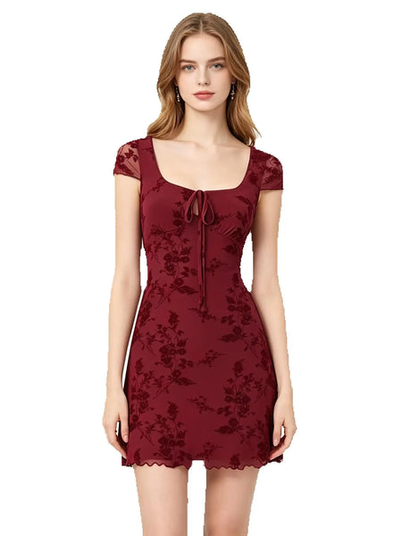 Women Sweet Flower Flocking Chic Bow Mini Dress Vintage Square Collar Sexy Slim Hip Wrap Dresses