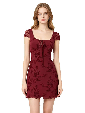 Women Sweet Flower Flocking Chic Bow Mini Dress Vintage Square Collar Sexy Slim Hip Wrap Dresses