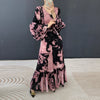 Abstract Print Ruched Womens' Pleated Dress Ruffle Sleeve Pleated Chiffon Long Dresses Party Outfit 2DB7460