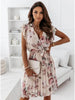 Women's Fly-sleeve Waist Floral Pleat Dress Women's Casual Print Dress Temperament V-neck Dress Woman