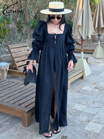Black Lace-Up Dresses Woman Elegant Square Neck Long Sleeve Dresses Casual High Waisted Ankle-Length Dress