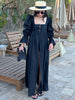 Black Lace-Up Dresses Woman Elegant Square Neck Long Sleeve Dresses Casual High Waisted Ankle-Length Dress