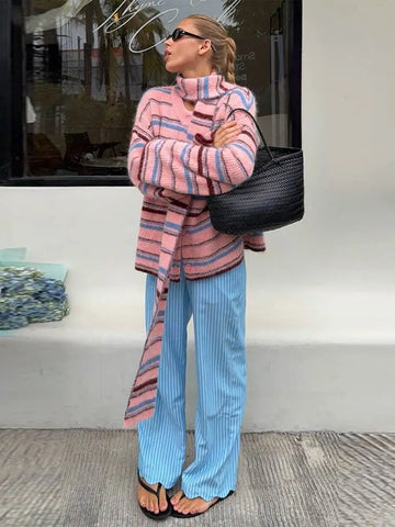 Chic Stripe Scarf Loose Sweater Women Autumnn Full Sleeve O-neck Single Breasted Knitted Coat Female Lady Cardigan