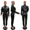 Women Jacket Sets 2 Piece Long Sleeved Slim PU Leather Gripped Pants Set Solid Zipper Fly Pencil Pants Slim Fit High Street Suit