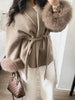 Women Grey Fur Splicing Woolen Coat Casual Belt Full Sleeve Lapel Loose Cardigan Outwear Lady Winter Highstreet Jacket