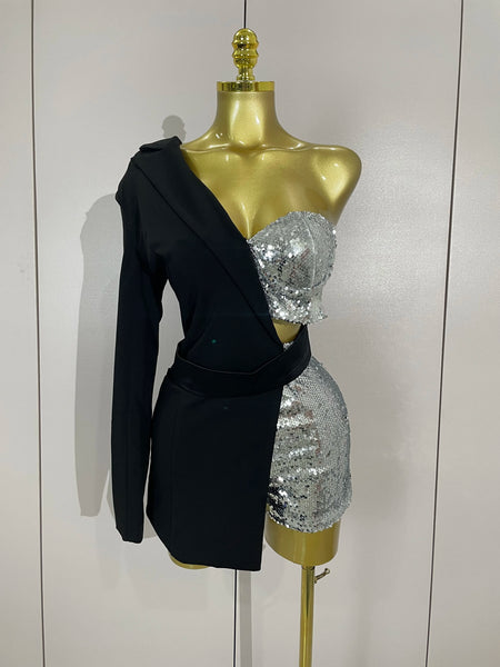Shiny Sequins Black Splicing One Shoulder Long Sleeved Jumpsuit Women Celebrate Evening Birthday Party Casual Dress
