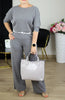Pant Set Women Three Piece Sets Round Neck Full Sleeve Tops Mid Length Coats Wide Leg Long Pants High Waist Y2k Work
