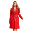 Women Wet Look PU Leather Long Trench Coat Blazer Lapel Open Front Long Sleeve Jacket Overcoat with Belt Streetwear Clubwear