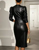 European American Women Deep V Puff Shoulder Faux Leather Midi Dress Long Sleeve Cinched Waist Bodycon Dress