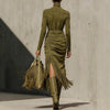 Womens Midi Dress Olive Velvet Turtleneck Ruched Fringe High-Slit Slim-Fit Streetwear Evening Vestido