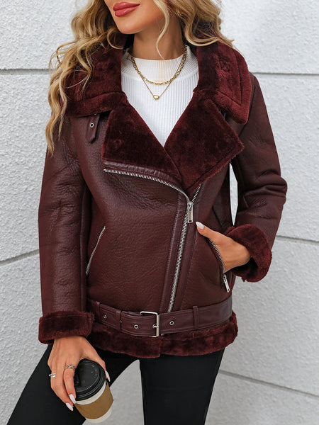Winter Women Faux Fur Leather Jacket Casual Lady Thick Warm Leather Coat High Street Motorcycle Outwear