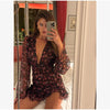 Women Chic Floral Print Deep V Neck Long Sleeved Waist Cinching Dress Layered Ruffle Hem Mini Dresses Elegant Party Daily Robes
