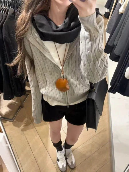 Autumn Winter Casual Loose Long Sleeve Sweater Women Korean Solid Elastic Knit Cardigan Retro Thin Hooded Knitted Coat