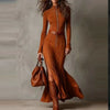 Casual O-neck Long Sleeve Suede Party Dress Elegant Side Split Solid Slim Long Dress Women With Belt Tie-Up Maxi Dress