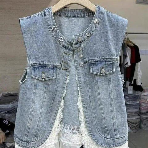 Spring Autumn lace Stitching Denim Vest Jacket Women's Korean Sleevele Waistcoat Cowboy Vest Coat Female Casual Ladies Tops
