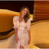 V-neck Organza Floral Chiffon Puff Sleeve Slit Long Dress Bodycon High Slit Bodycon Sexy Dresses Lady Chic Daily Sweet Date Robe