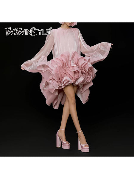 Solid Chic Spliced Folds Dresses for Women Round Neck Long Sleeve High Waist Loose Mini A Line Dress Female