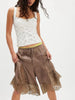 Lace Patchwork Satin Lace Up Shorts Women Sexy Hollow Out High Waist Drawstring Half Pants Wide Leg Trousers Chic Lady Partywear