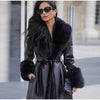 Women's Fur Patchwork Leather Jackets Furry Collar Slim Buttons Full Sleeve Female Coat Autumn Lady Street Outerwear