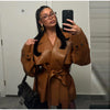 Street Women's Lace Up Leather Jacket Loose Solid Lapel Long Sleeve Belt Jackets Female Spring Lady Vintage Outwears